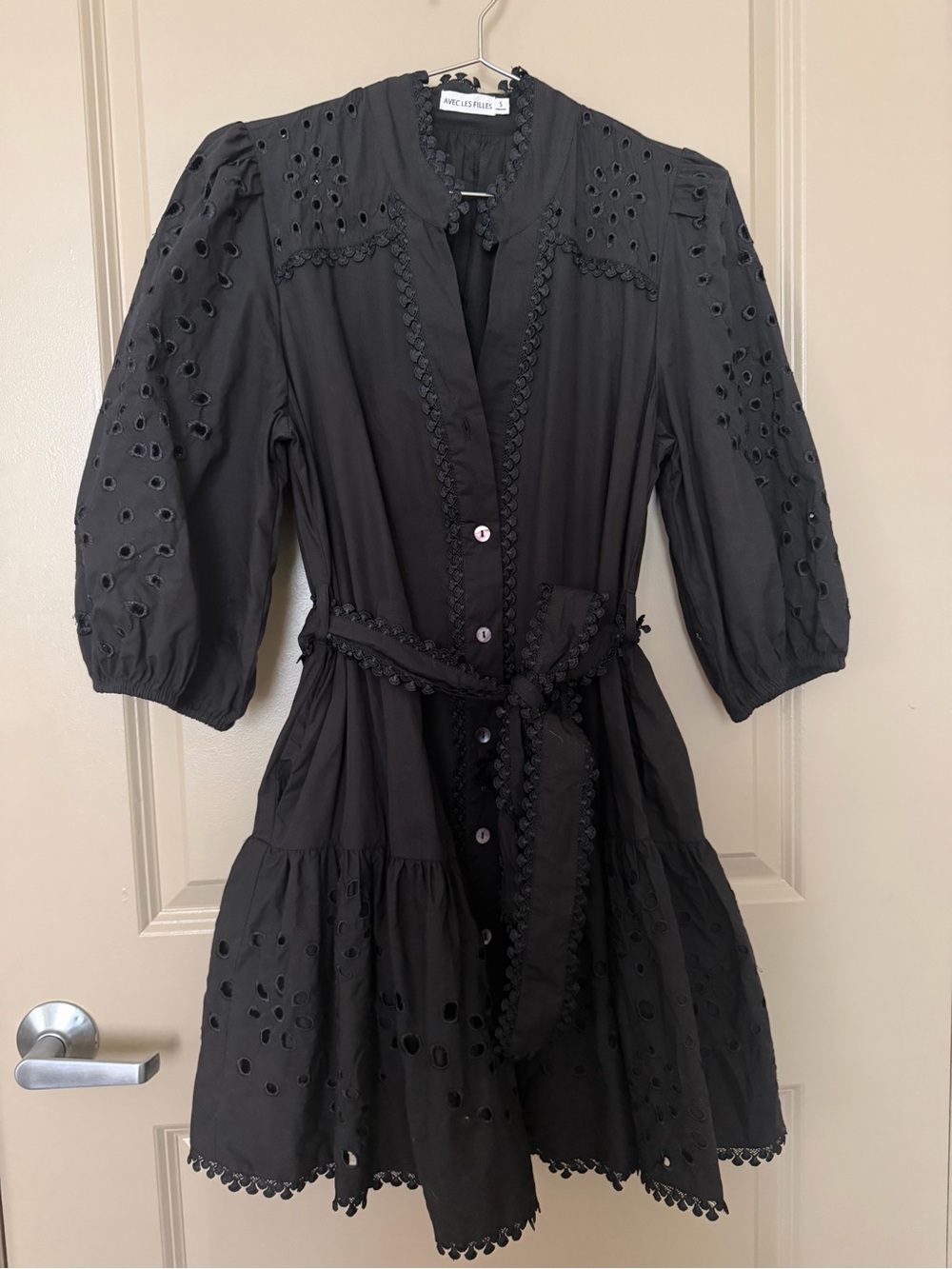 Avec Les Filles Black Eyelet Mini Dress with Belt